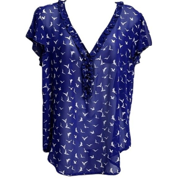 Lily Rose Size XL Sheer Royal Blue Blouse With White Bird Print - Picture 1 of 11